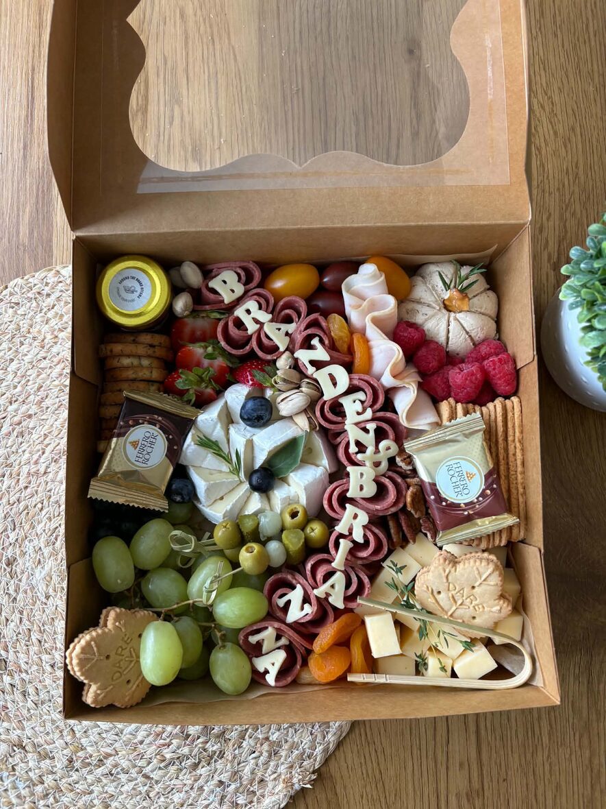 Large personalised grazing box with cheese-letter name, brie wheel and charcuterie roses