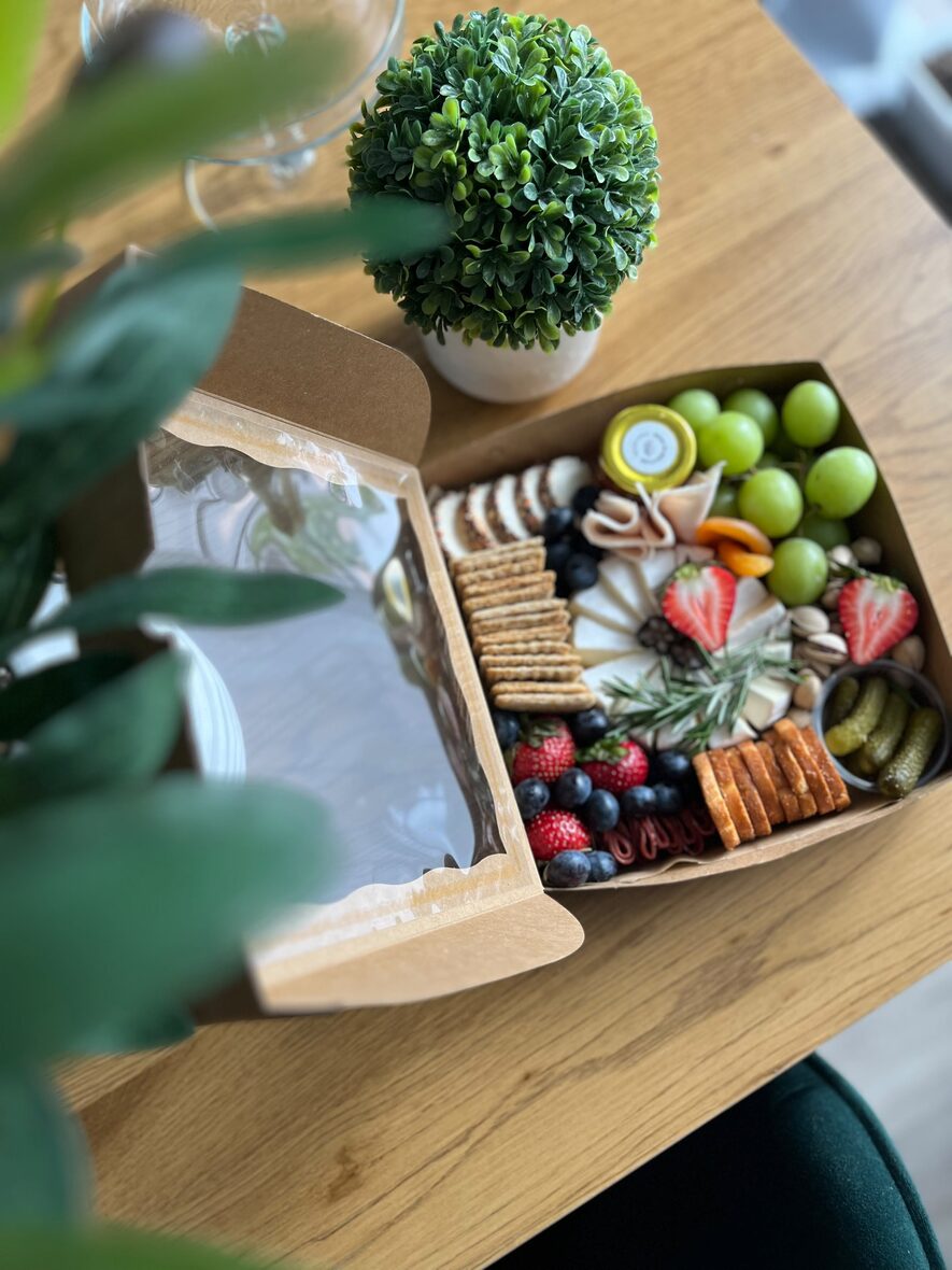 Medium grazing box with assorted cheeses, halal charcuterie, grapes and crackers